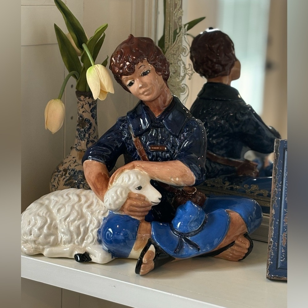 Vintage 1968 Atlantic Mold Boy | Lamb Figurine. Ceramic Decor | 11”x13”